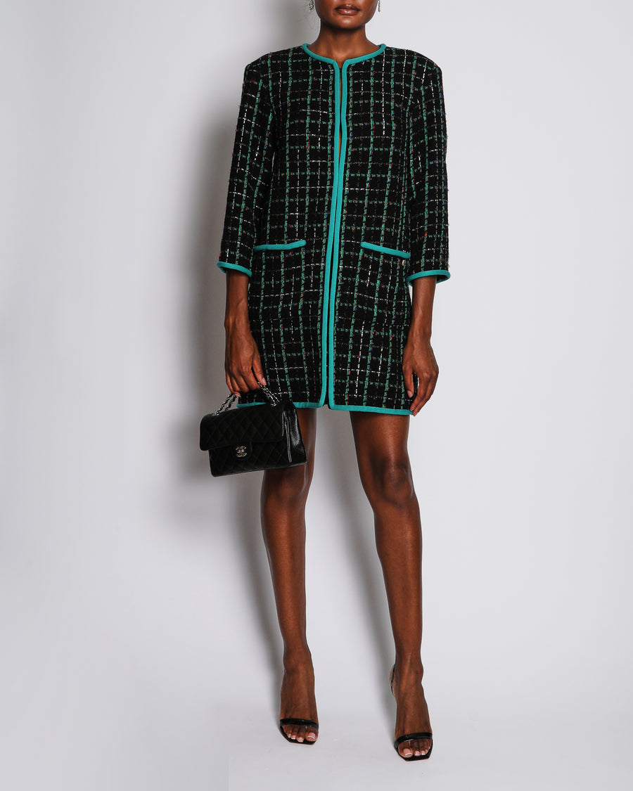 Chanel 17/S Black Collarless Tweed Mid-Length Jacket with Green Piping Detail Size FR 38 (UK 10)