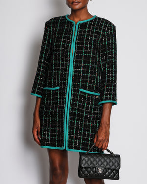 Chanel 17/S Black Collarless Tweed Mid-Length Jacket with Green Piping Detail Size FR 38 (UK 10)