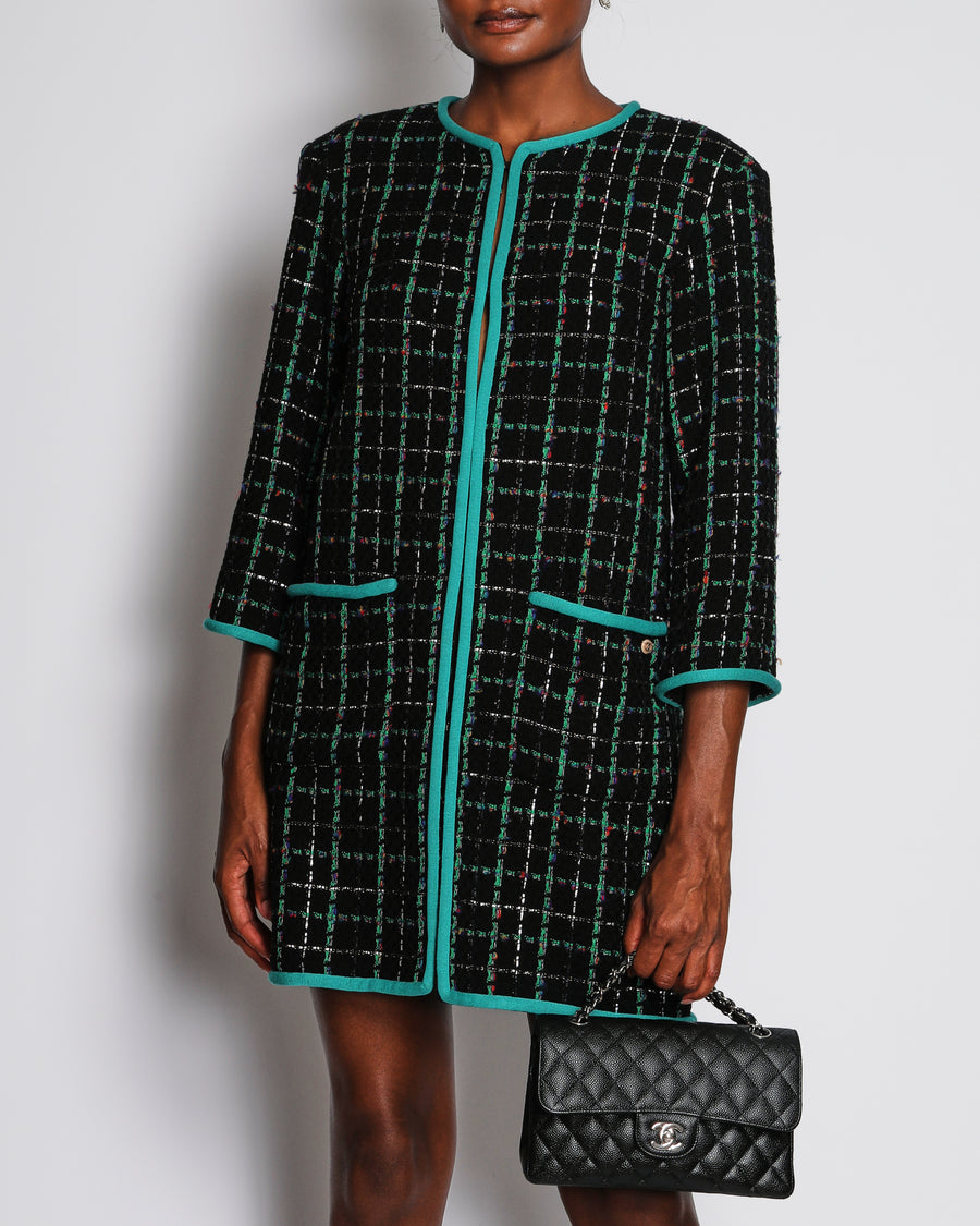 Chanel 17/S Black Collarless Tweed Mid-Length Jacket with Green Piping Detail Size FR 38 (UK 10)