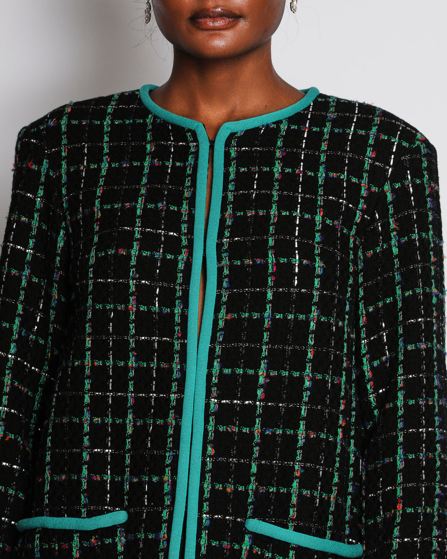 Chanel 17/S Black Collarless Tweed Mid-Length Jacket with Green Piping Detail Size FR 38 (UK 10)