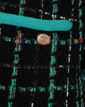 Chanel 17/S Black Collarless Tweed Mid-Length Jacket with Green Piping Detail Size FR 38 (UK 10)