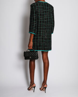 Chanel 17/S Black Collarless Tweed Mid-Length Jacket with Green Piping Detail Size FR 38 (UK 10)