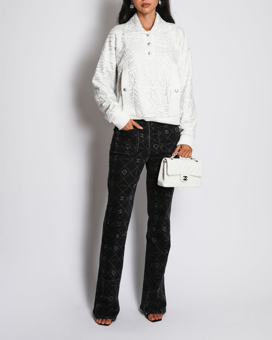 Chanel 21/N White Coco-Neige Crystal Rhinestone Logo Pullover Jumper Size FR 40 (UK 12)