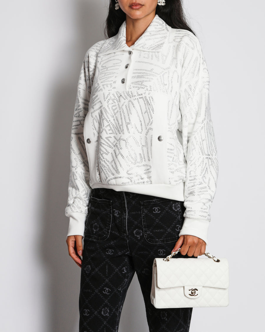 Chanel 21/N White Coco-Neige Crystal Rhinestone Logo Pullover Jumper Size FR 40 (UK 12)