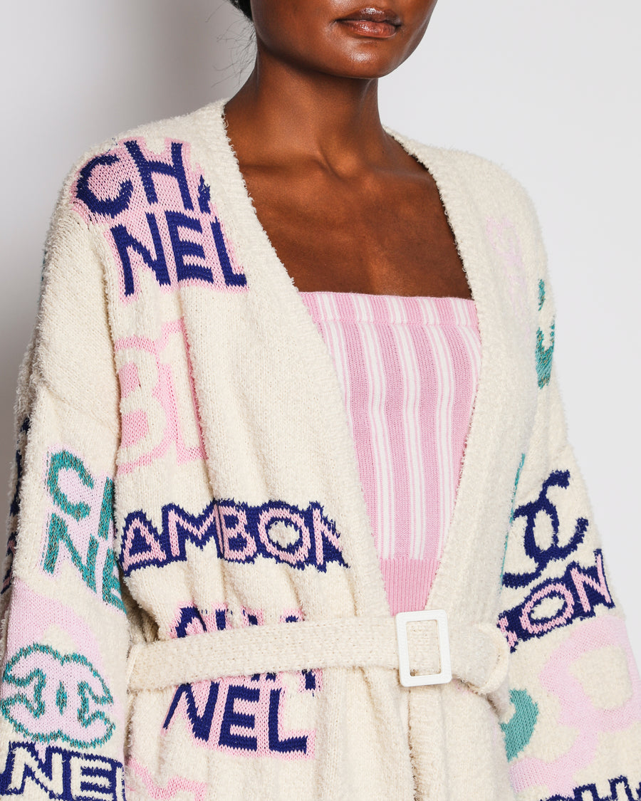 Chanel 23/P Ivory Logo Knitted Long Line Cardigan with Belt Detail Size FR 36 (UK 8)