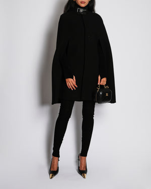 Saint Laurent Black Wool Cape with Leather Buckle Collar Detail Size FR 36 (UK 8)