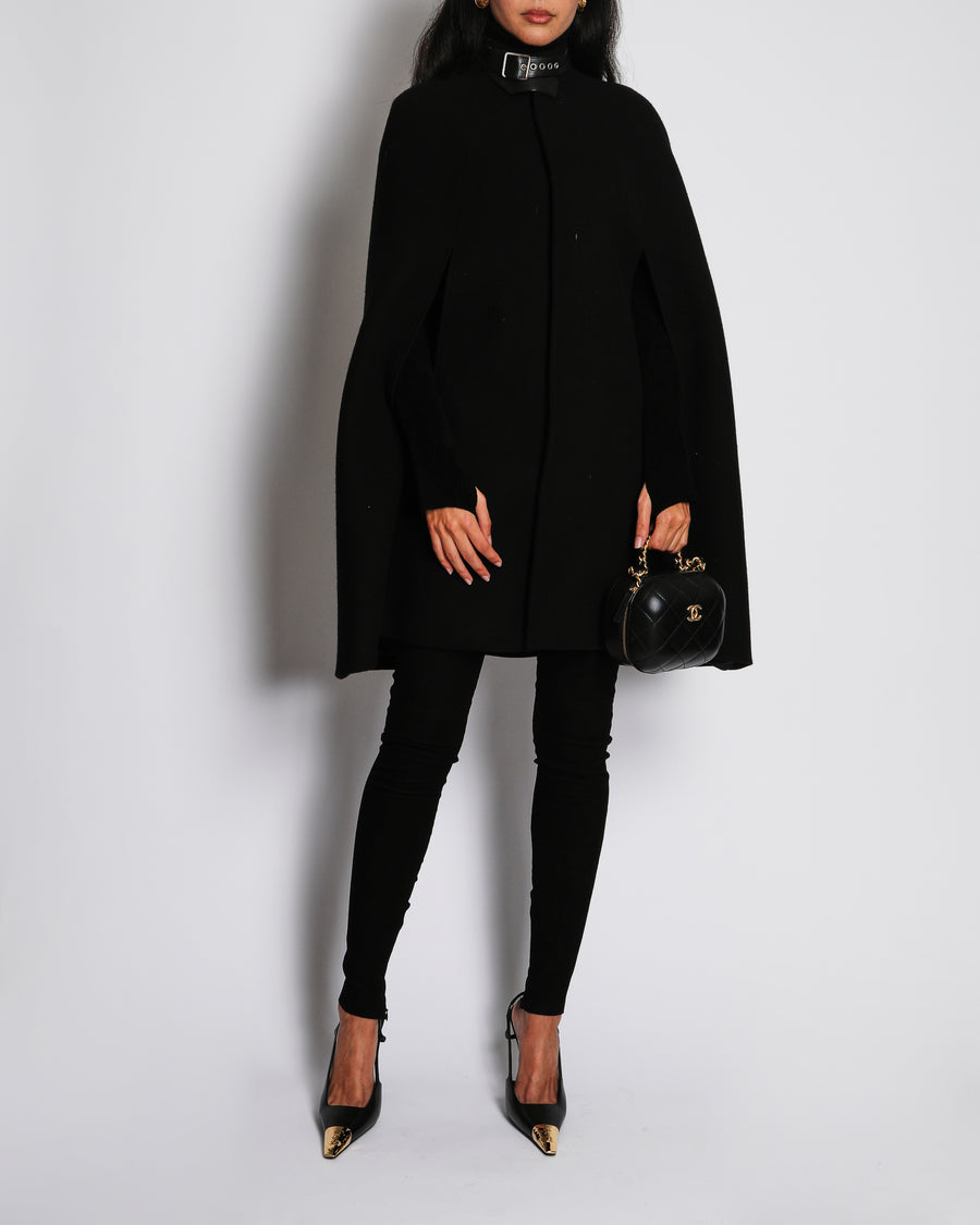Saint Laurent Black Wool Cape with Leather Buckle Collar Detail Size FR 36 (UK 8)
