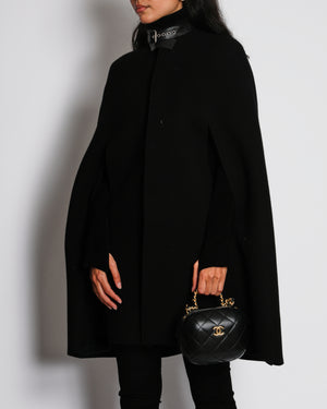 Saint Laurent Black Wool Cape with Leather Buckle Collar Detail Size FR 36 (UK 8)