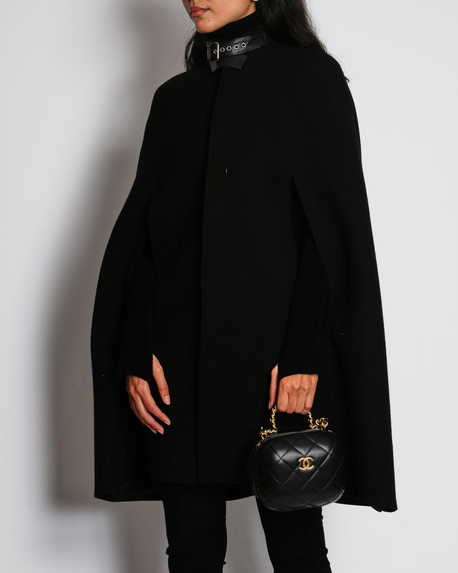 Saint Laurent Black Wool Cape with Leather Buckle Collar Detail Size FR 36 (UK 8)