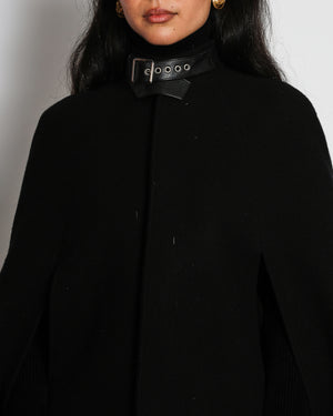 Saint Laurent Black Wool Cape with Leather Buckle Collar Detail Size FR 36 (UK 8)