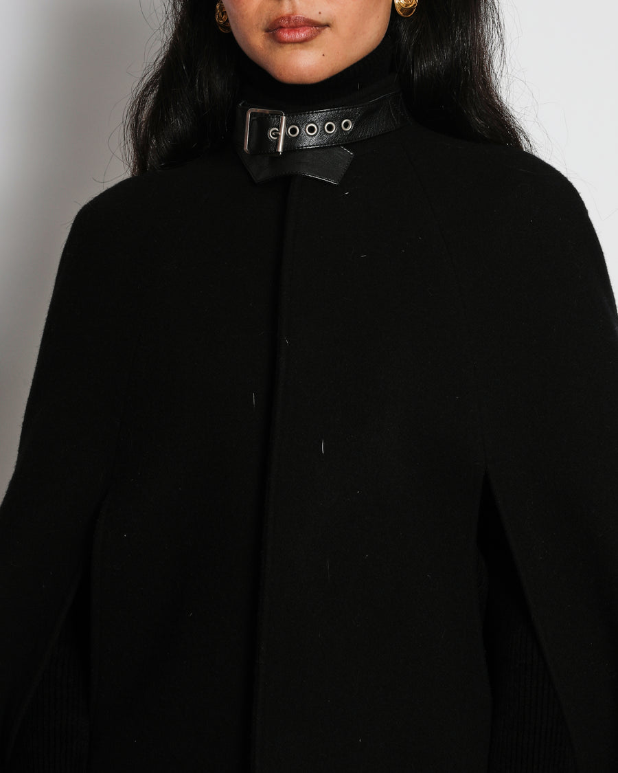 Saint Laurent Black Wool Cape with Leather Buckle Collar Detail Size FR 36 (UK 8)