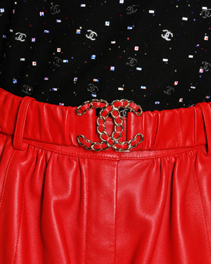 Chanel Red High-Waist Leather Shorts with CC Chain Belt Size FR 36 (UK 8)