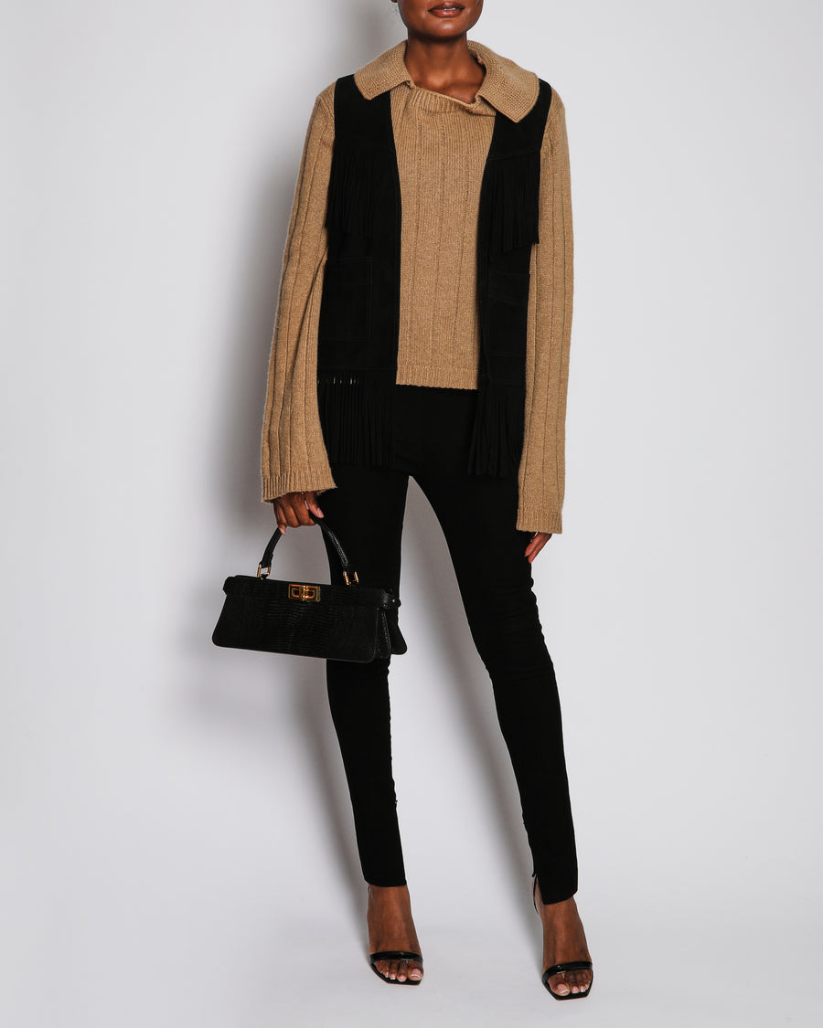 Saint Laurent Black Suede Sleeveless Vest with Fridge Tassel Detail Size FR 38 (UK 10)