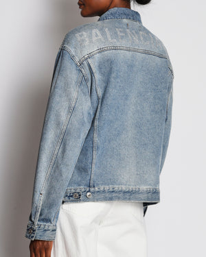 Balenciaga Blue Washed Black Denim Oversized Jacket with Diamante Logo Detail Size FR 34 (UK 6)