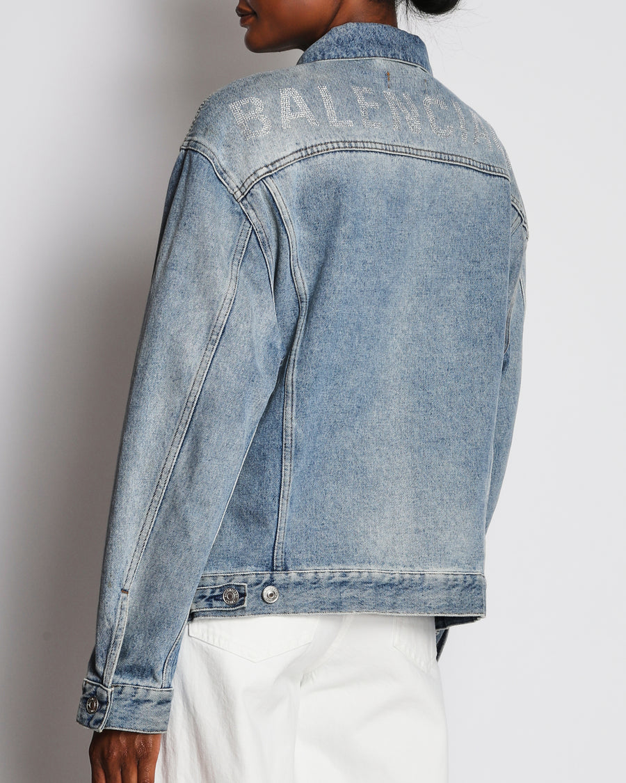 Balenciaga Blue Washed Black Denim Oversized Jacket with Diamante Logo Detail Size FR 34 (UK 6)