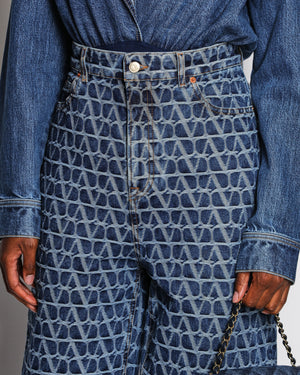 Valentino Blue Toile Iconographe Straight Leg Jeans with V Logo Print Size IT W29 (UK 12)