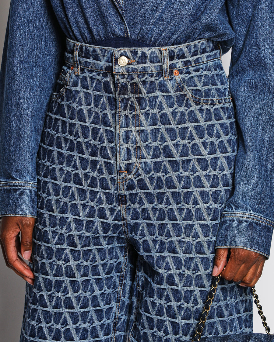 Valentino Blue Toile Iconographe Straight Leg Jeans with V Logo Print Size IT W29 (UK 12)