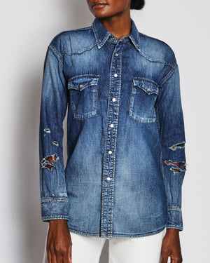 Saint Laurent Blue Distressed Denim Long Sleeve Shirt Size XS (UK 6)
