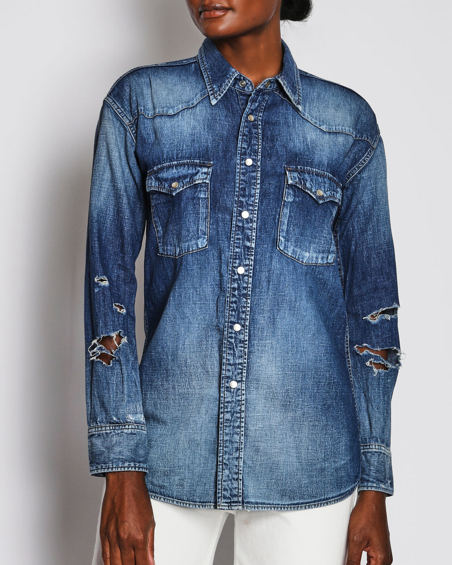 Saint Laurent Blue Distressed Denim Long Sleeve Shirt Size XS (UK 6)