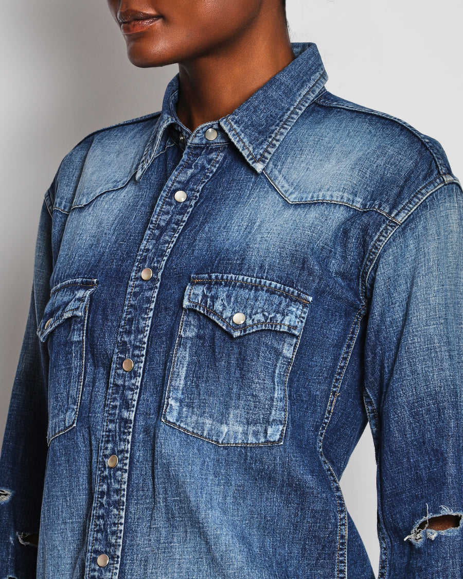 Saint Laurent Blue Distressed Denim Long Sleeve Shirt Size XS (UK 6)