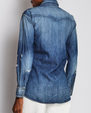 Saint Laurent Blue Distressed Denim Long Sleeve Shirt Size XS (UK 6)