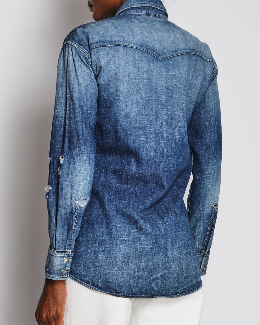Saint Laurent Blue Distressed Denim Long Sleeve Shirt Size XS (UK 6)