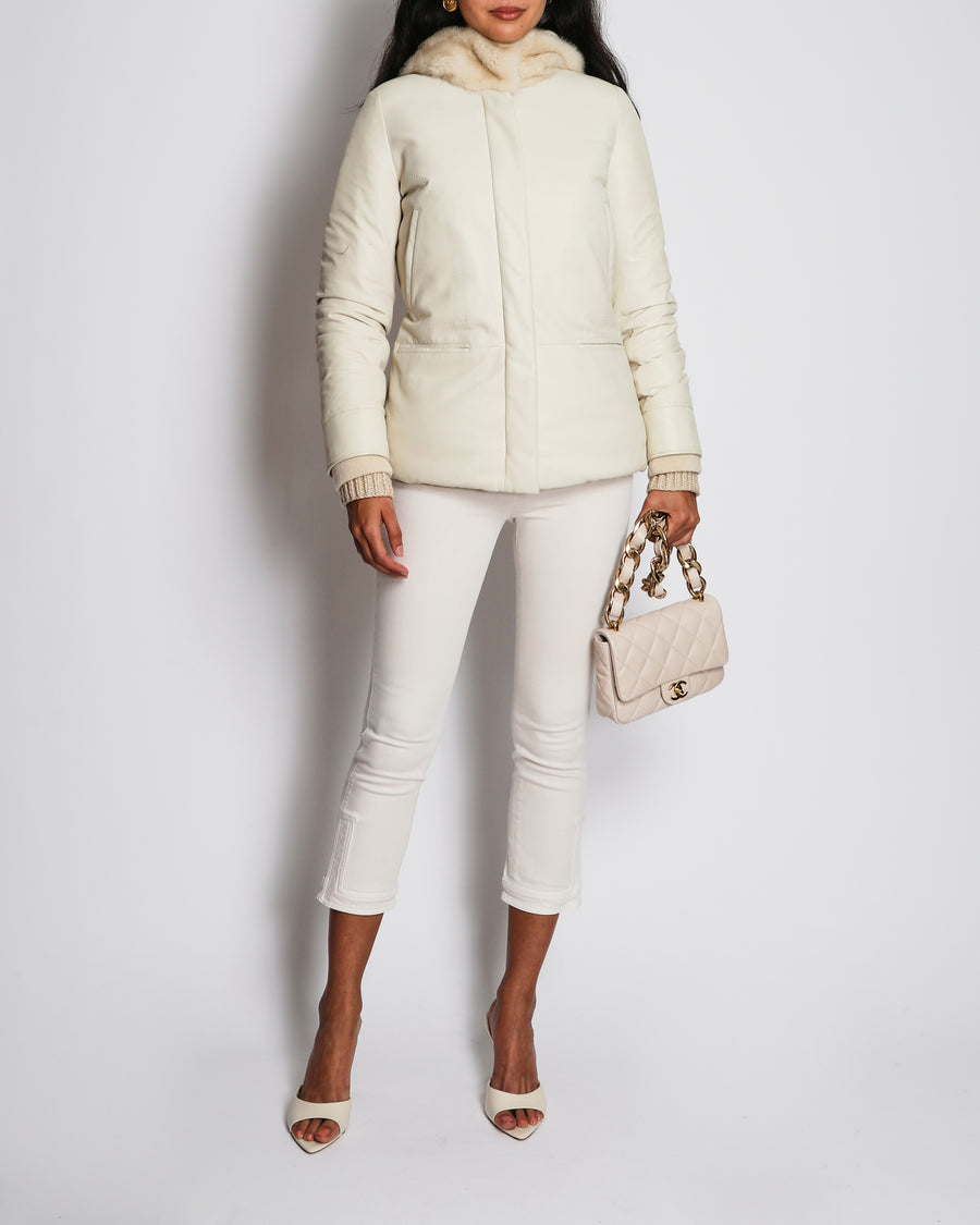 Loro Piana Beige Mink Hooded Cashmere and Leather Puffer Coat Size IT 40 (UK 8)