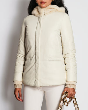 Loro Piana Beige Mink Hooded Cashmere and Leather Puffer Coat Size IT 40 (UK 8)