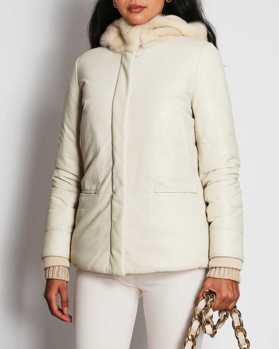 Loro Piana Beige Mink Hooded Cashmere and Leather Puffer Coat Size IT 40 (UK 8)