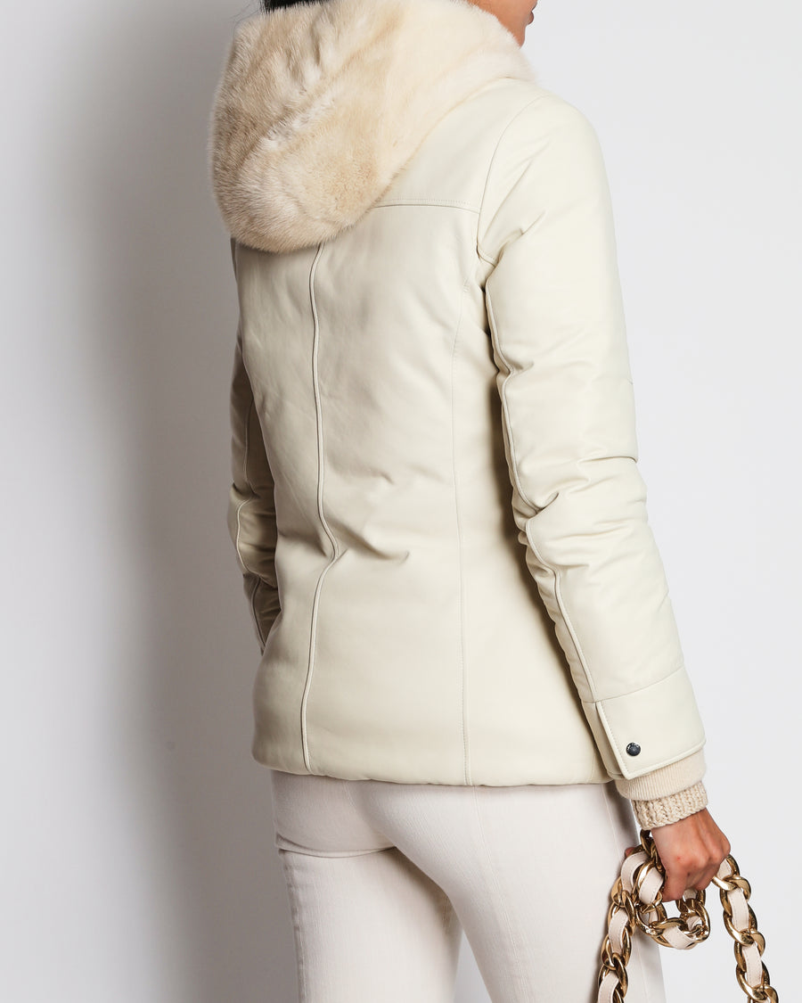 Loro Piana Beige Mink Hooded Cashmere and Leather Puffer Coat Size IT 40 (UK 8)