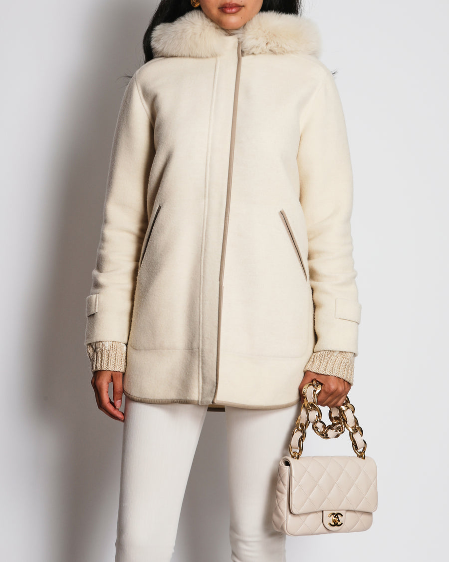 Loro Piana Beige Cashmere Coat with Fox Fur Hood Detail Size S (UK 8)