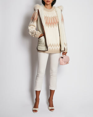 Loro Piana Beige Shearling Reversible Hooded Gilet with Brown Piping Detail Size S (UK 8)