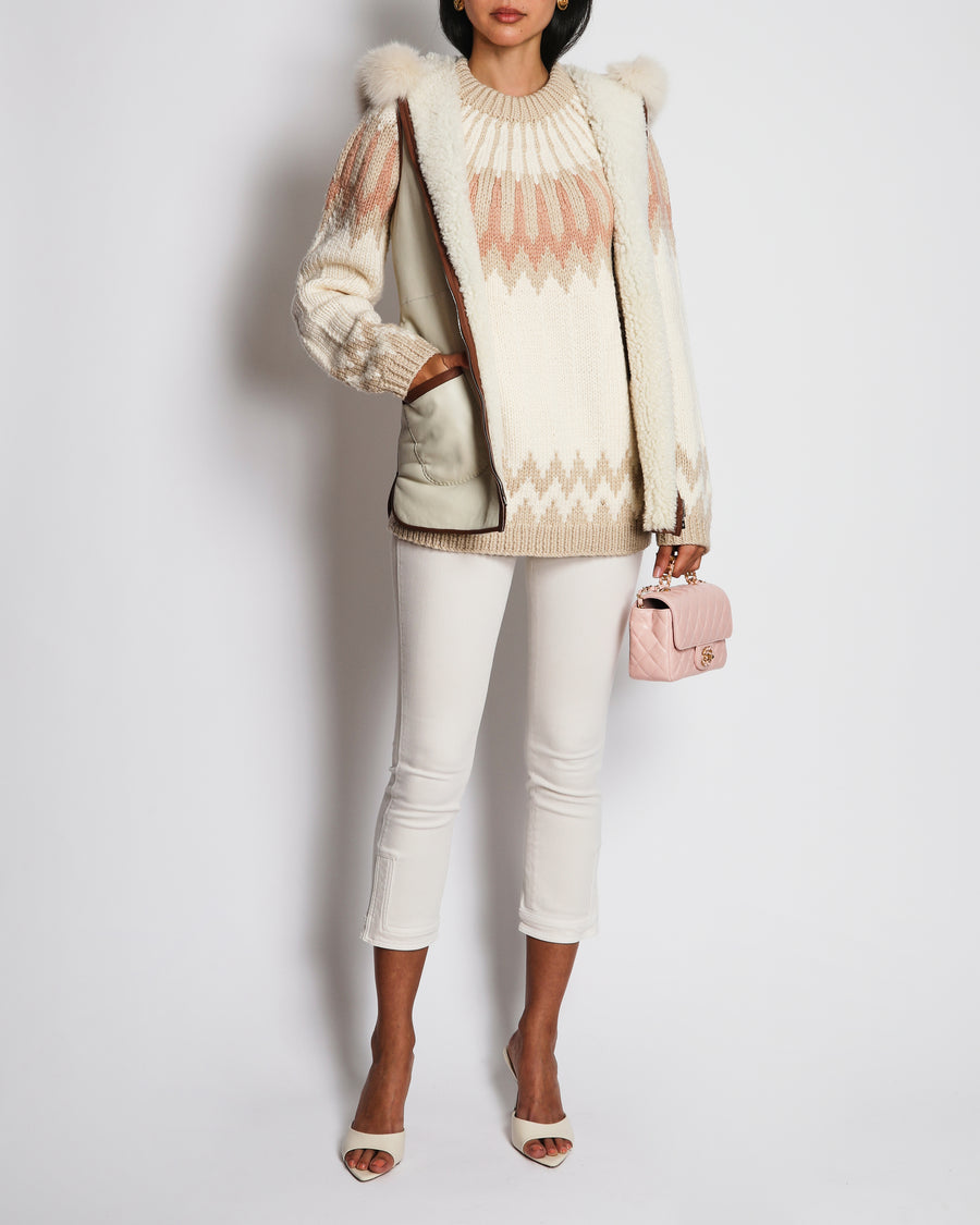 Loro Piana Beige Shearling Reversible Hooded Gilet with Brown Piping Detail Size S (UK 8)