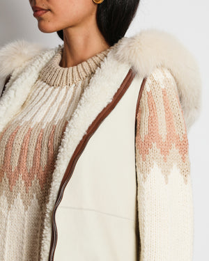 Loro Piana Beige Shearling Reversible Hooded Gilet with Brown Piping Detail Size S (UK 8)
