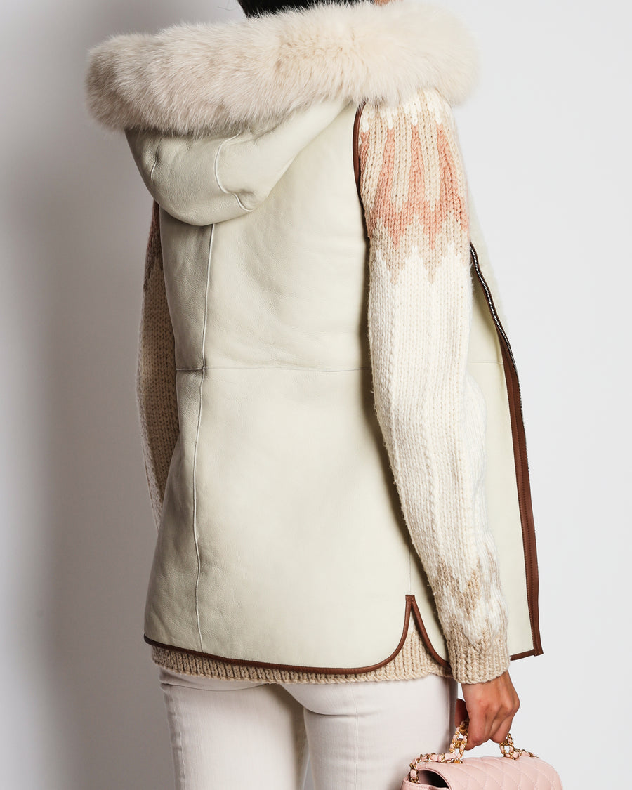 Loro Piana Beige Shearling Reversible Hooded Gilet with Brown Piping Detail Size S (UK 8)