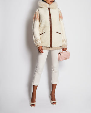 Loro Piana Beige Shearling Reversible Hooded Gilet with Brown Piping Detail Size S (UK 8)