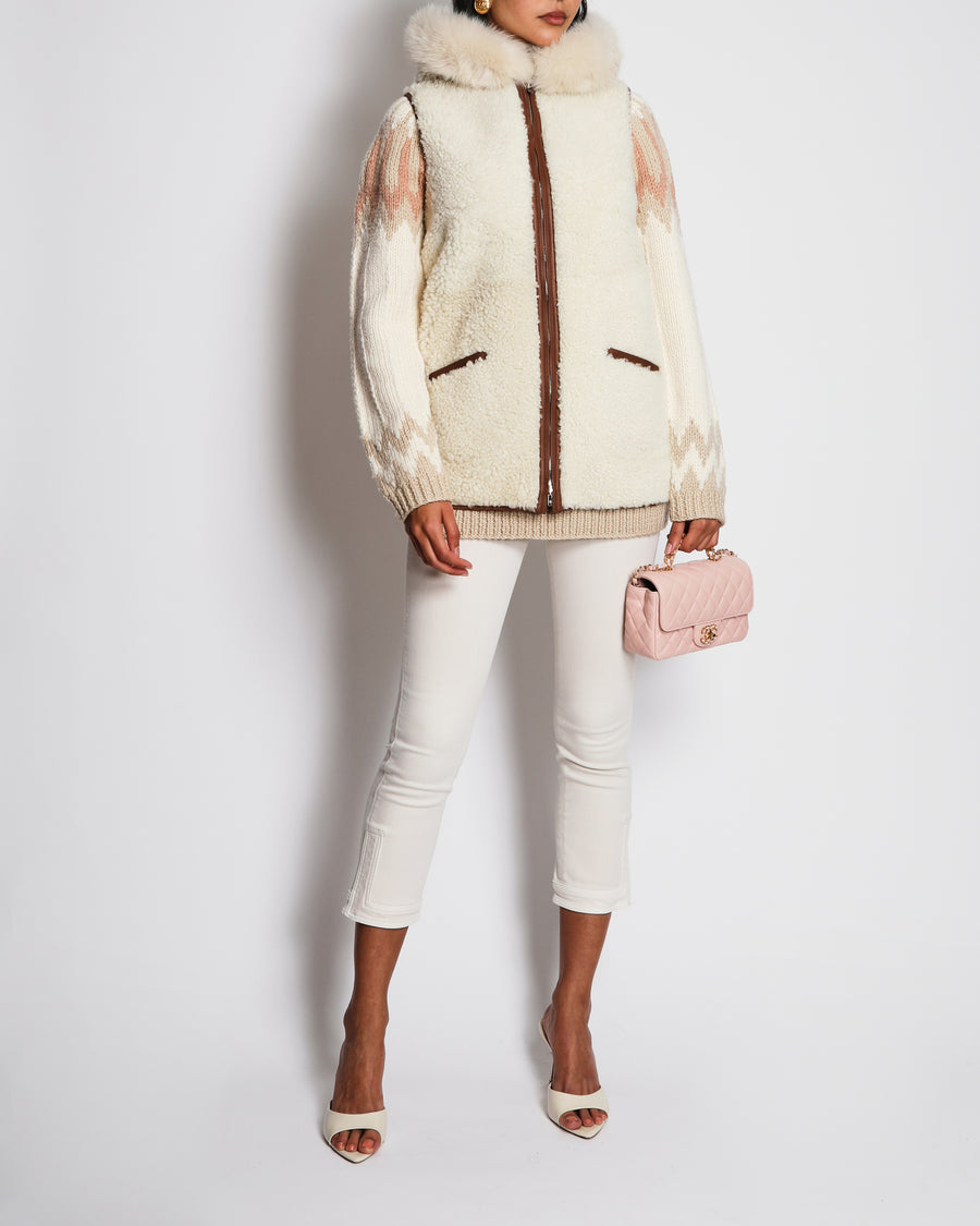 Loro Piana Beige Shearling Reversible Hooded Gilet with Brown Piping Detail Size S (UK 8)