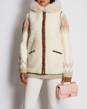 Loro Piana Beige Shearling Reversible Hooded Gilet with Brown Piping Detail Size S (UK 8)