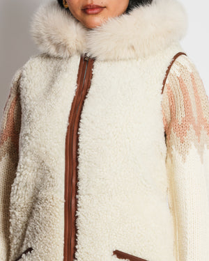 Loro Piana Beige Shearling Reversible Hooded Gilet with Brown Piping Detail Size S (UK 8)
