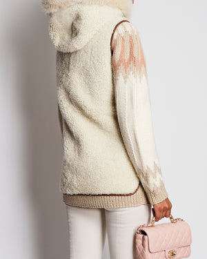 Loro Piana Beige Shearling Reversible Hooded Gilet with Brown Piping Detail Size S (UK 8)