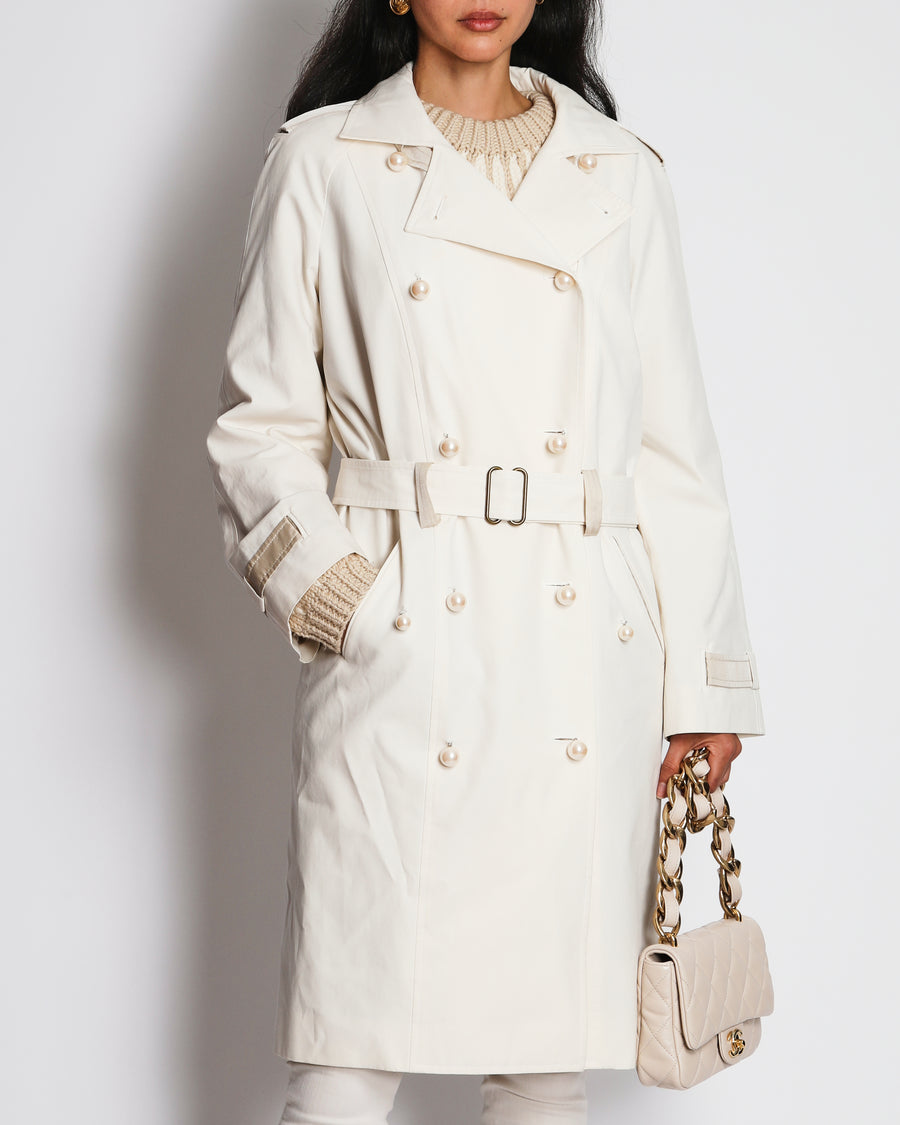 Yves Saint Laurent White Double Breasted Coat with Pearl Button Detail Size FR 42 (UK 14)