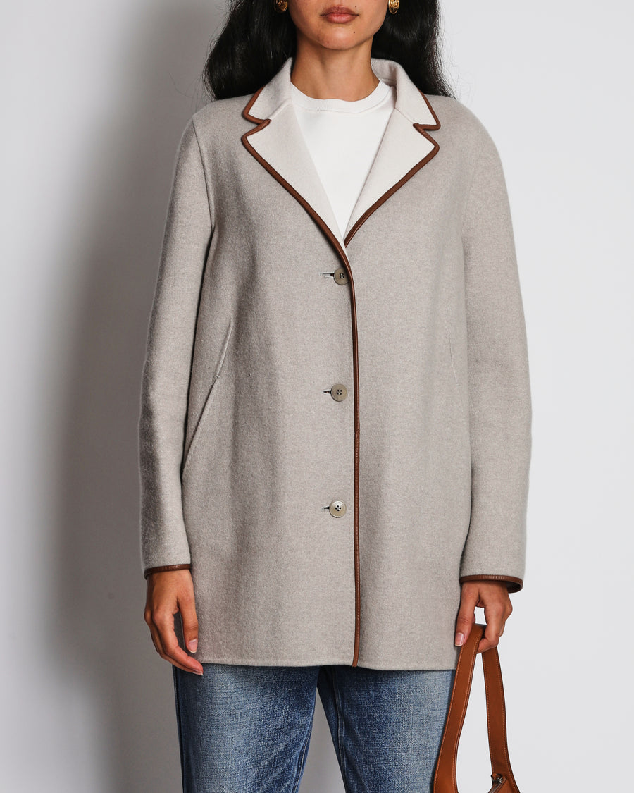 Loro Piana Grey Single Breasted Cashmere Coat with Brown Piping Detail Size IT 42 (UK 10)