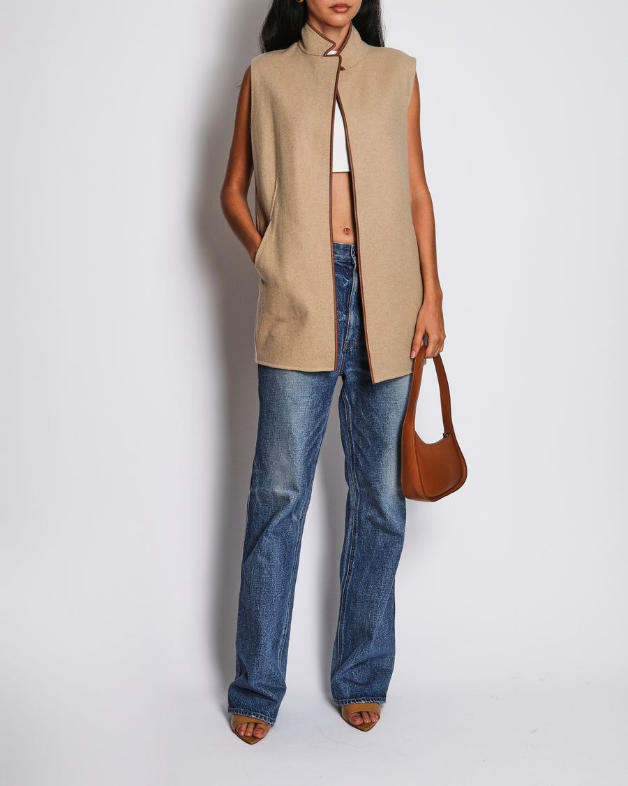 Loro Piana Camel Gilet with Brown Leather Piping Detail Size IT 44 (UK 12)