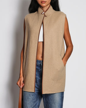 Loro Piana Camel Gilet with Brown Leather Piping Detail Size IT 44 (UK 12)