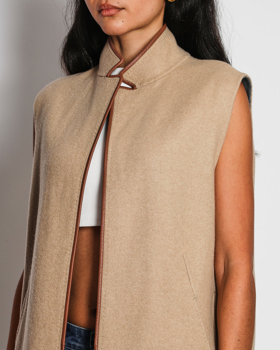 Loro Piana Camel Gilet with Brown Leather Piping Detail Size IT 44 (UK 12)