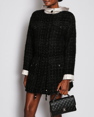 Chanel Black Tweed Hooded Shimmer Tread Coat with Drawstring and Button Detail FR 38 (UK 10)