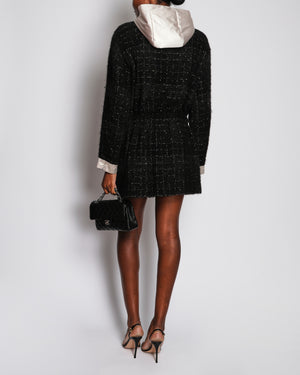 Chanel Black Tweed Hooded Shimmer Tread Coat with Drawstring and Button Detail FR 38 (UK 10)