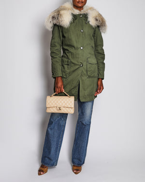 Ermanno Scervino Khaki Military Parker Jacket with Zipped Fox Fur Hood Size IT 40 (UK 8)