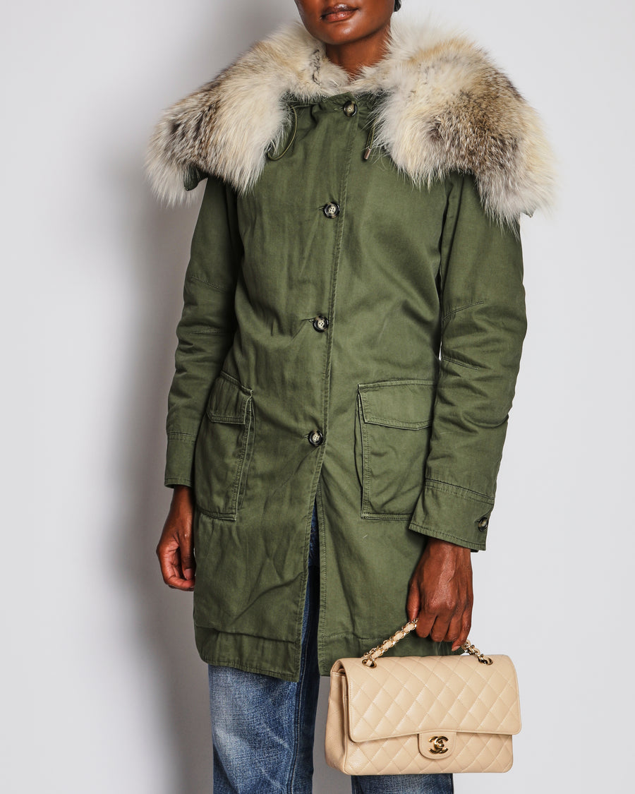 Ermanno Scervino Khaki Military Parker Jacket with Zipped Fox Fur Hood Size IT 40 (UK 8)