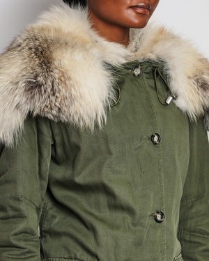 Ermanno Scervino Khaki Military Parker Jacket with Zipped Fox Fur Hood Size IT 40 (UK 8)